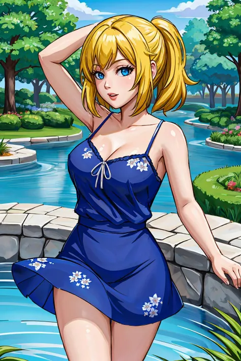 1girl, aphrodite,white dress,hair flower,blonde hair,onsen,partially submerged,large breasts,navel,shiny skin,short hair,(mature female:1.2),belly, smile, shy
