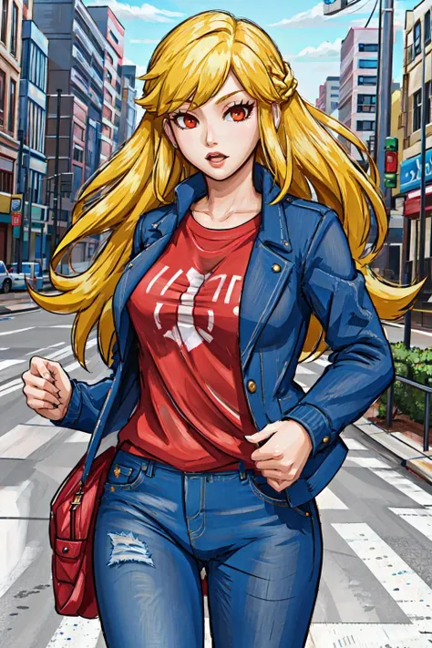 (Masterpiece:1.2), (best quality:1.2), intricate details, ultra detailed, 1girl, long hair, yellow hair, red eyes, long sleeves, open jacket, jeans, city, street, <lora:RelonStyleMix-v1.0:1.0>
