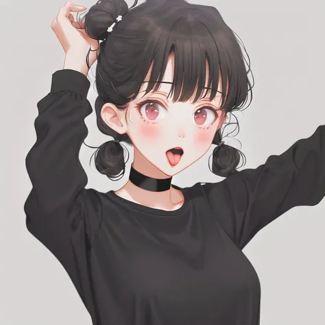<lora:mlrdjlock:1>, mlrdjlock, background, foreground, depth of field, 1girl, alternate costume, arm up, bangs, black choker, blush, breasts, buttons, center frills, choker, collarbone, covering face, eyebrows visible through hair, facing viewer, frilled shirt, frills, gradient, gradient background, grey background, grey shirt, highres, long hair, long sleeves, medium breasts, no hat, no headwear, open mouth, outstretched arm, self shot, shirt, sleeves past wrists, solo, tongue, tongue out, twintails, upper body, wavy hair