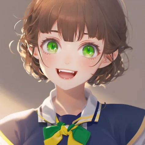<lora:mlrdjlock:1>, mlrdjlock, background, foreground, depth of field,
1girl, :d, bangs, beige sweater, blue sailor collar, breasts, fang, green eyes, large breasts, looking at viewer, medium breasts, neckerchief, open mouth, sailor collar, sidelocks, skin fang, sleeves past wrists, smile, solo, thick eyebrows, white background, white neckerchief