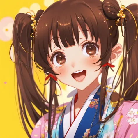 <lora:mlrdjlock:1>, mlrdjlock, background, foreground, depth of field, 1girl, blush, breasts, brown eyes, brown hair, fan, highres, japanese clothes, kimono, large breasts, open mouth, short hair, short twintails, smile, solo, twintails, yellow background