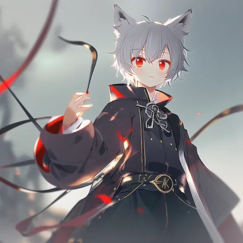 <lora:mlrdjlock:1>, mlrdjlock, background, foreground, depth of field, detached sleeves, hat, red eyes, short hair, silver hair, tail, wolf ears, wolf tail