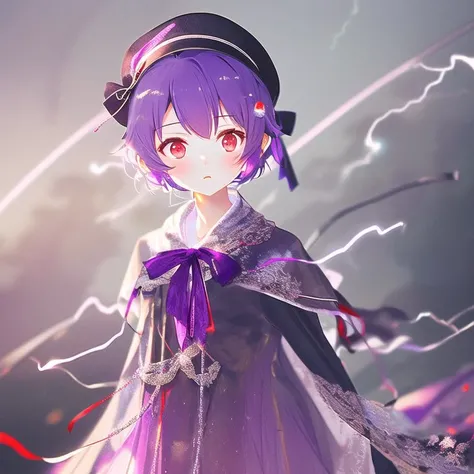 <lora:mlrdjlock:1>, mlrdjlock, background, foreground, depth of field,
1girl, bow, dress, female focus, frills, hat, lightning, purple hair, red eyes, ribbon, shawl, short hair, solo