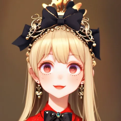 <lora:mlrdjlock:1>, mlrdjlock, background, foreground, depth of field, 1girl, :d, artist name, black legwear, blonde hair, bow, crown, earrings, hair bow, hair ribbon, highres, jewelry, long hair, looking at viewer, mini crown, moe, necklace, open mouth, parted lips, red eyes, ribbon, skull, smile, solo, cute