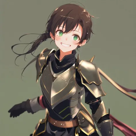 <lora:mlrdjlock:1>, mlrdjlock, background, foreground, depth of field, 1girl, armor, belt, black gloves, brown hair, closed mouth, eyebrows visible through hair, gloves, green eyes, grey background, highres, pauldrons, signature, simple background, smile, solo