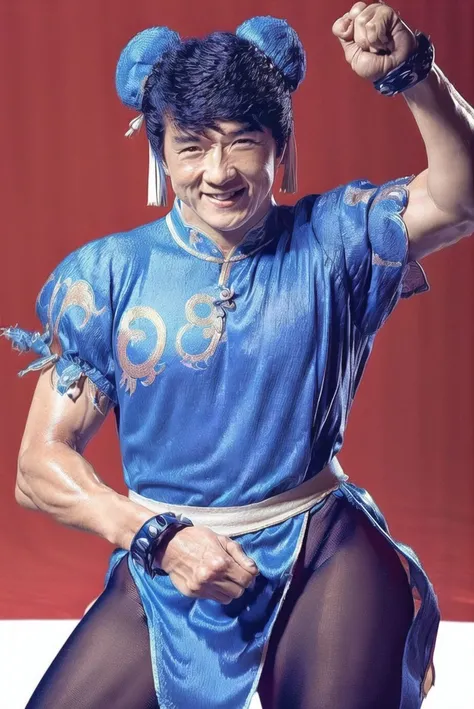 1man, mature male, looking at viewer, upper body, kicking, fighting stance, spread arms, smile, open mouth, :D
sf6 chun,chunli, (blue clothes:1.5), ((black pantyhose, puffy short sleeves, bun cover, sash,blunt bangs,chinese clothing, Cheongsam)),
photo, real life, realistic
 <lora:llfJackie Chan:1.25>  <lora:Chun-Li_v2.0:1:MIDD> <lora:Chun-Li_v2.0:0>
