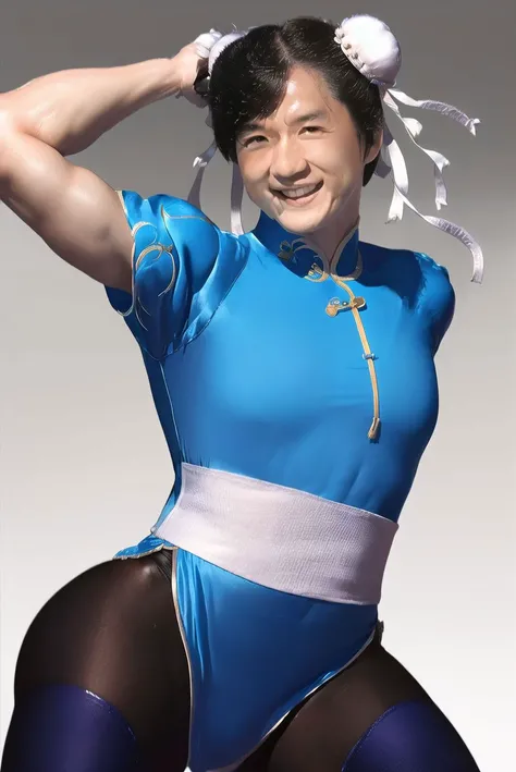 1man, mature male, looking at viewer, upper body, kicking, fighting stance, spread arms, smile, open mouth, :D
sf6 chun,chunli, (blue clothes:1.5), ((black pantyhose, puffy short sleeves, bun cover, sash,blunt bangs,chinese clothing, Cheongsam)),
photo, real life, realistic
<lora:llfJackie Chan:1.25> <lora:Chun-Li_v2.0:1:MIDD> <lora:Chun-Li_v2.0:0>