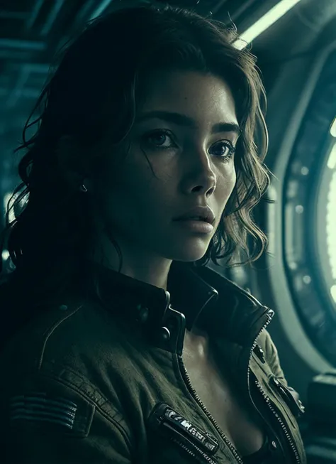 close up photo of sks woman, rugged space trucker, inside industrial spaceship, futuristic science fiction, action scene, digital concept art, realistic, intricate detailed textures, filmic, cinematic, environmental character portrait, <lora:locon_cindymello_v1_from_v1_64_32:1.25>