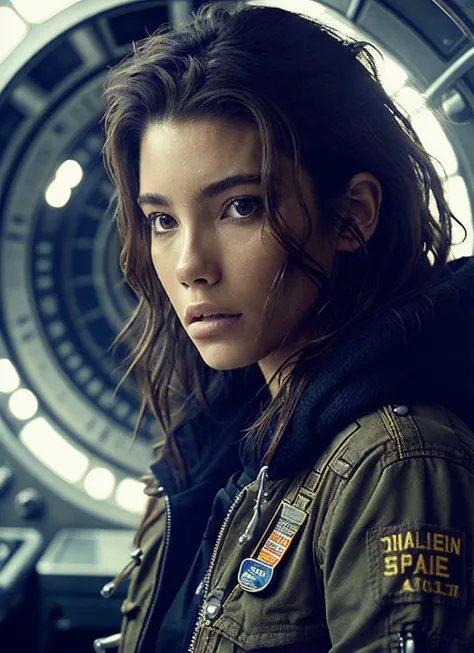 close up photo of sks woman, rugged space trucker, inside industrial spaceship, futuristic science fiction, action scene, digital concept art, realistic, intricate detailed textures, filmic, cinematic, environmental character portrait, <lora:locon_cindymello_v1_from_v1_64_32:1.25>