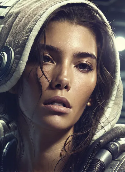 close up photo of sks woman, rugged space trucker, inside industrial spaceship, futuristic science fiction, action scene, digital concept art, realistic, intricate detailed textures, filmic, cinematic, environmental character portrait, <lora:locon_cindymello_v1_from_v1_64_32:1.25>