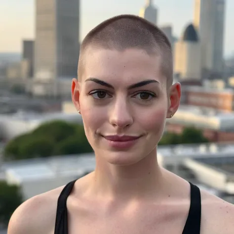 Buzzcut, no hair, bald, (Skin Texture, pores, natural,iPhone,RAW)), natural lighting, Highest Quality closeup Portrait photo of a woman wearing no makeup with a ((buzzcut)), Nikon Z9, realistic matte skin,  blurry city in the background, 8K, anxhthway,    <lora:anhathaway_juggerX_xl_1_standard_wocap_merger_56prev_51_72_04_03_03-anxhthway:1.0>