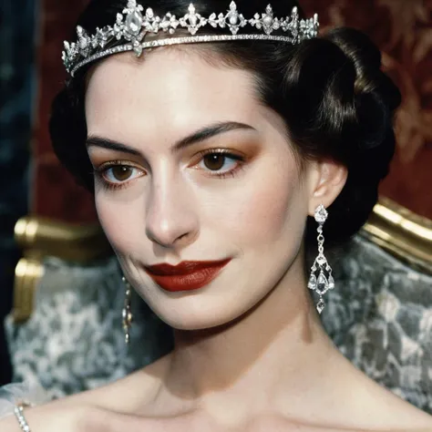 (Skin texture),High qualitycloseup face portrait photo, analog, film grain, actress dressed as a medieval queen with a delicate diamond tiara,regal, anxhthway,    <lora:anhathaway_juggerX_xl_1_standard_wocap_merger_56prev_51_72_04_03_03-anxhthway:1.0>