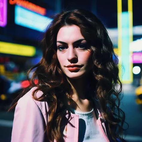 Photo of a woman with long wavy hair,portrait,kodachrome, neon,cyberpunk, anxhthway,    <lora:anhathaway_juggerX_xl_1_standard_wocap_merger_56prev_51_72_04_03_03-anxhthway:1.0>