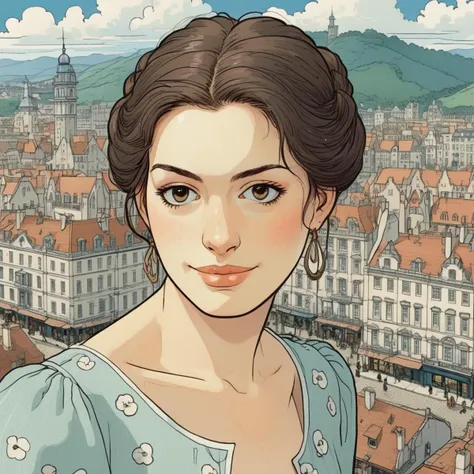 Studio ghibli style illustration of the face of a woman looking at the viewer with a victorian city square in the background, anxhthway,    <lora:anhathaway_juggerX_xl_1_standard_wocap_merger_56prev_51_72_04_03_03-anxhthway:1.0>