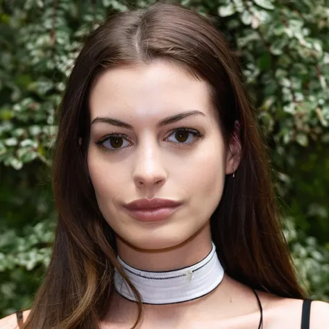 Skin texture, no makeup, Super high res closeup portrait photo of a woman with glossy lips outdoors with straight hair, wearing a choker around her neck,f /2.8, Canon, 85mm,cinematic, high quality,looking at the viewer, anxhthway, <lora:anhathaway_juggerX_xl_1_standard_wocap_merger_56prev_51_72_04_03_03-anxhthway:1.0>