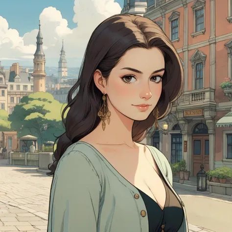 Studio ghibli style illustration of the face of a woman looking at the viewer with a victorian city square in the background, anxhthway,    <lora:anhathaway_juggerX_xl_1_standard_wocap_merger_56prev_51_72_04_03_03-anxhthway:1.0>