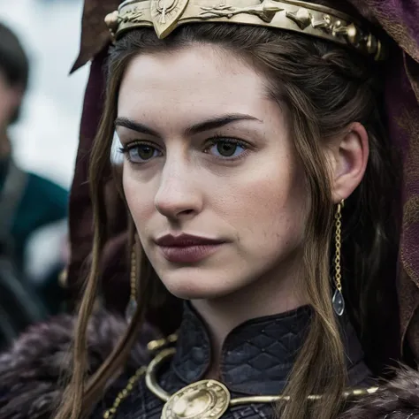 Skin texture, Closeup portrait photo of a stunning young woman dressed as a highborn noble from game of thrones,f /2.8, Canon, 85mm,cinematic, high quality, looking at the camera, anxhthway,    <lora:anhathaway_juggerX_xl_1_standard_wocap_merger_56prev_51_72_04_03_03-anxhthway:1.0>