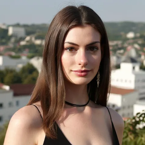 Skin texture, no makeup, Super high res closeup portrait photo of a stunning woman outdoors with straight hair, wearing a small string choker around her neck,f /2.8, Canon, 85mm,cinematic, high quality,looking at the viewer, anxhthway,    <lora:anhathaway_juggerX_xl_1_standard_wocap_merger_56prev_51_72_04_03_03-anxhthway:1.0>