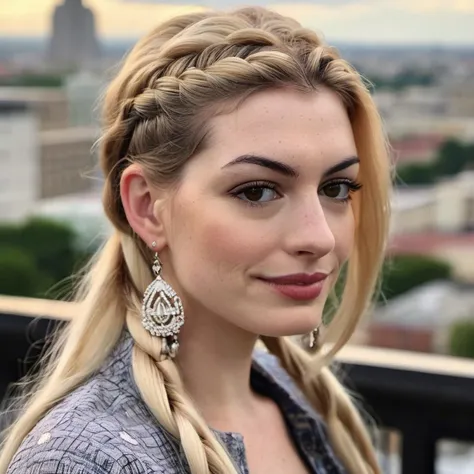 (Skin Texture, pores, natural,iPhone,RAW)), natural lighting, Highest Quality (closeup) Portrait photo of a woman with long braided platinum blonde hair,  Nikon Z9, realistic matte skin,  blurry city in the background, 8K, ((looking straight at the camera)), anxhthway,    <lora:anhathaway_juggerX_xl_1_standard_wocap_merger_56prev_51_72_04_03_03-anxhthway:1.0>