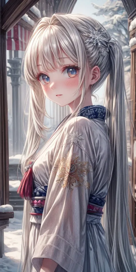 (masterpiece,ultra-detailed,best quality,8K,realstic,illustration,perfect-composition,detailed beautiful face,Clean skin,photographical skin,shiny skin,shiny hair, photographical hair,detailed background,shaved,uncensored:1.2),<lora:unhorny_v01:2>,<lora:add_detail:1.6>, (petite girl:1.6),(long hair,twin tail:1.2) <lora:snow-style-richy-v1:0.6> snowstyle, snow, snowflakes, fantasy, crystal,ice,kimono,kanzashi,standing,