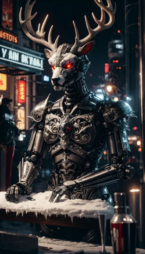 photorealistic, (4k), depth of field, (Masterpiece), (realistic skin texture), extremely detailed, intricate, hyper detailed, professional photography, bokeh, depth of field, high resolution, sharp detail, best quality,  <lora:snow-style-richy-v1:0.7> snowstyle , futuristic city, robotic, android, mechanical parts, cyberpunk, cyborg, neon lights, heart hands , winter clothes, deer antlers, humanization, glowing red eyes, snow, winter, freezing, cold, deer head, battle armor, mecha,