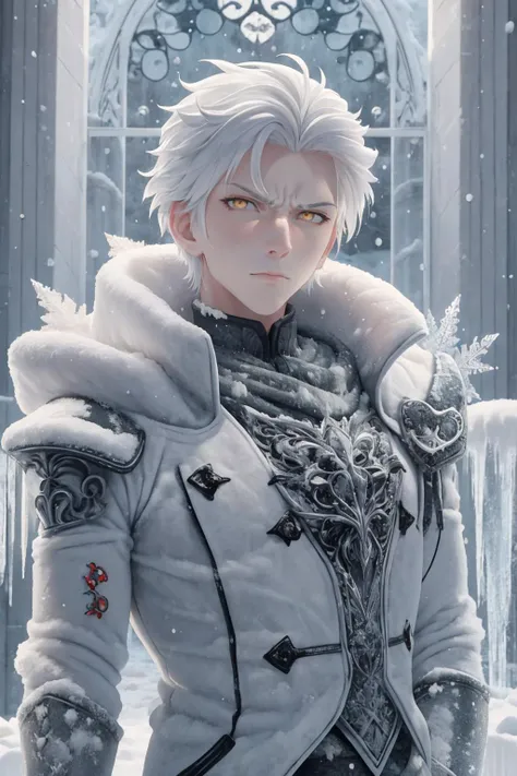 masterpiece, best quality, 1boy, solo, <lora:snow-style-richy-v1:1> frozen, cold, snowing, snow, tundra, male focus, standing, unamused, white hair, white eyes, close-up, looking at viewer, looking at viewer,
