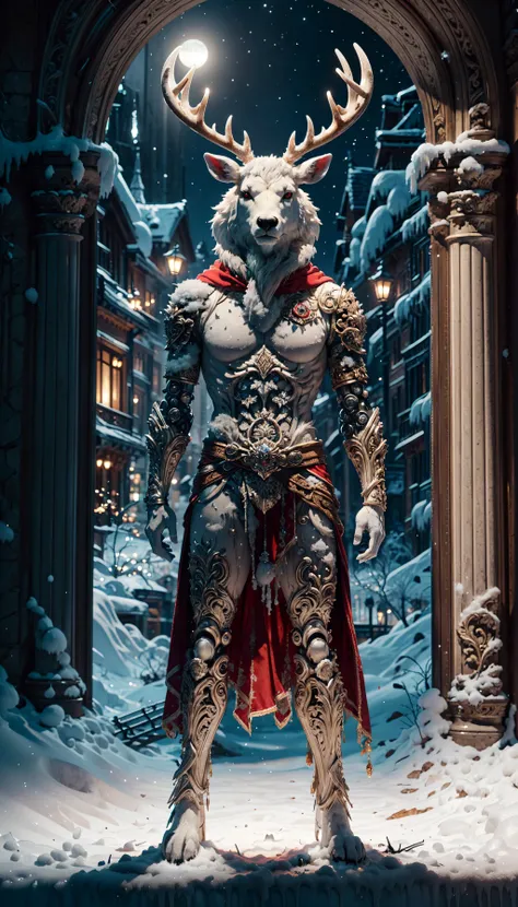 photorealistic, (4k), depth of field, (Masterpiece), (realistic skin texture), extremely detailed, intricate, hyper detailed, professional photography, bokeh, depth of field, high resolution, sharp detail, best quality, 1boy, <lora:snow-style-richy-v1:0.7> snowstyle , futuristic city, robotic, snowing, winter, winter clothes, science fiction, mystical portal, deer skull, antlers, man with a deer head, red armor trim, glowing red eyes, moonlight, (night time), stars, contrapposto , aurora, cowboy shot,