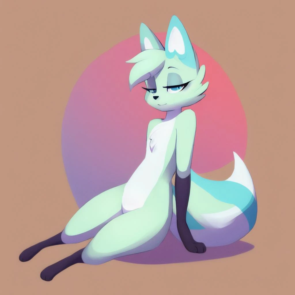 high quality, digital art, slushi, 1girl, [anthro|feral], nude, sitting, leaning back, full body, half-closed eyes <lora:Slushi-v1:0.8>