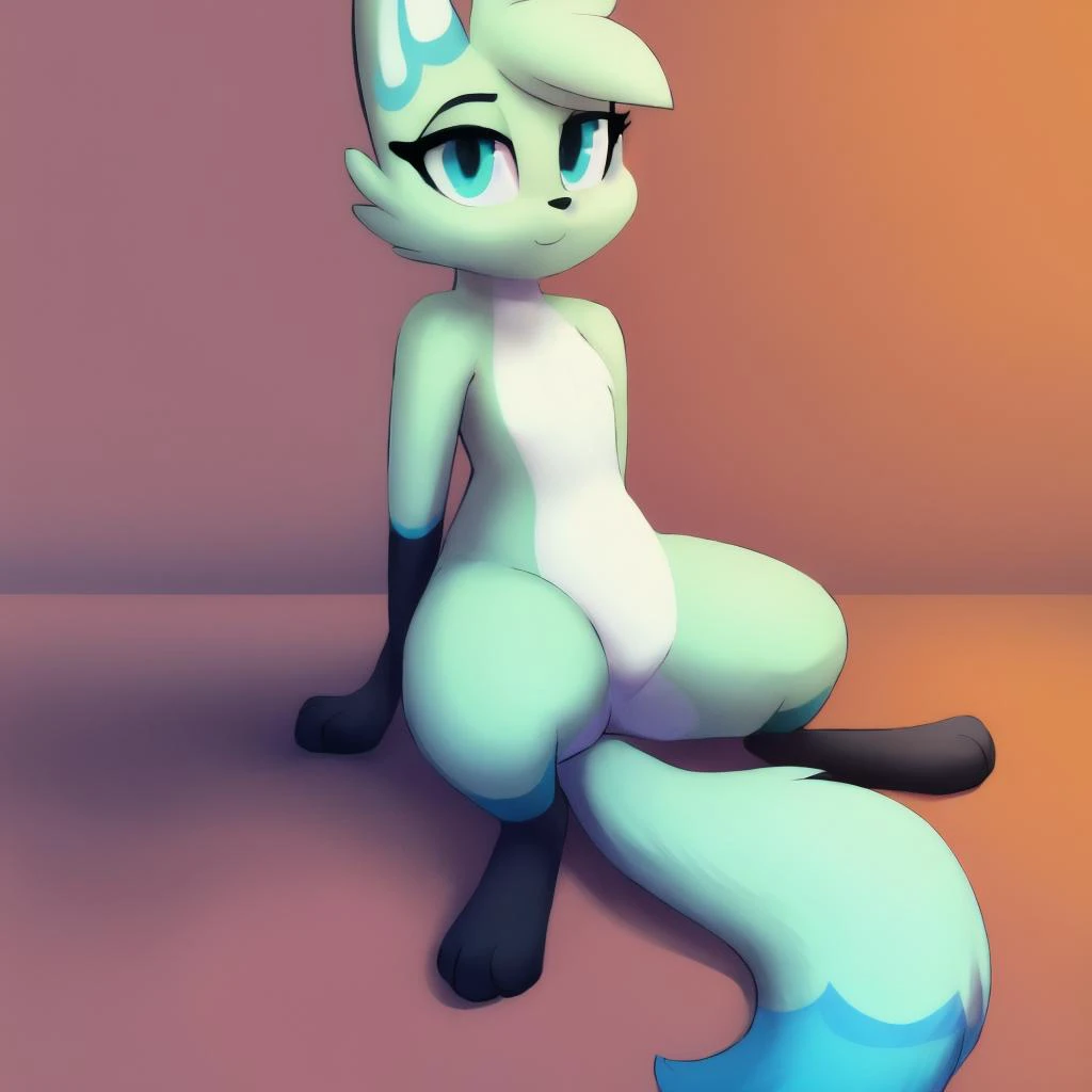 high quality, digital art, slushi, 1girl, (anthro|feral), nude, sitting, leaning back, full body <lora:Slushi-v1:0.8>