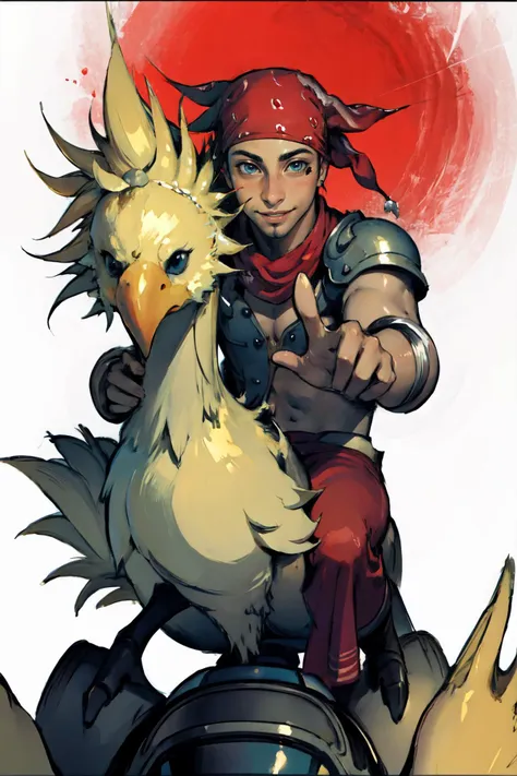 Highly detailed, High Quality, Masterpiece, beautiful, chocobo, riding chocobo, <lora:Pos_ChocoboRiding:1>, reaching out, reaching, pov, Ricardo, red bandana on the head, <lora:Char_Sigmas_RicardoMilos:0.9>, smile,