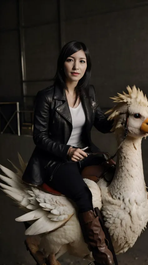 RAW Photo, <lora:chocobo-nvwls-v1:1> riding chocobo, chocobo, woman riding,  <lora:A_Tifa_Cosplay:1> Tifa