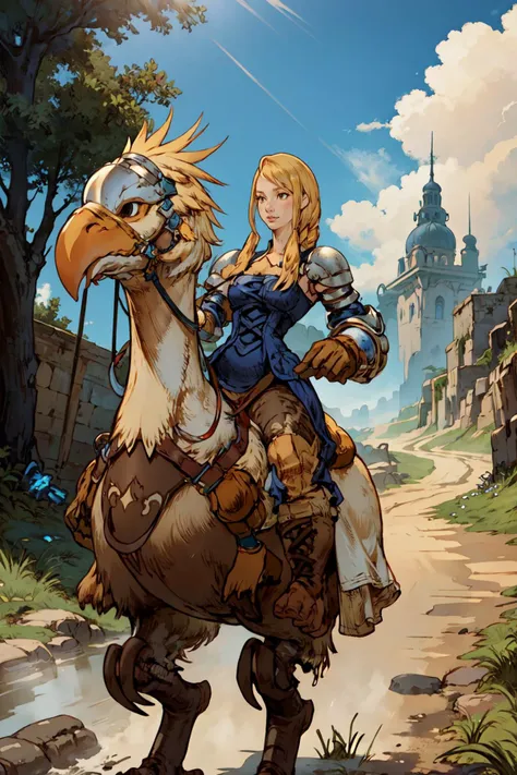 (masterpiece, best quality, 4k, aesthetic, detailed, intricate),chocobo,riding chocobo,outside,dappled sunlight,dirt road,1girl,agrias,armor, blue dress, brown gloves, pants, cross-laced boots <lora:chocobo-nvwls-v1:1> <lora:agrias-nvwls-v3:0.7> <lora:FFTJobs:0.8>