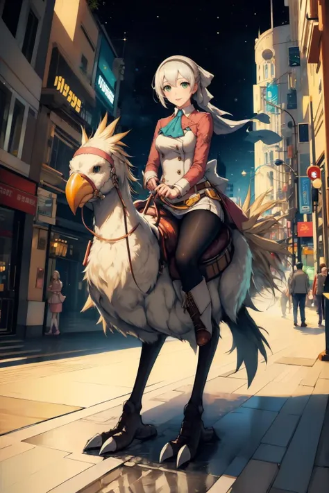 masterpiece, best quality,  <lora:chocobo-nvwls-v1-000010:1> riding chocobo, chocobo   <lora:elie-nvwls-v2-zero:0.8> elie macdowell, green eyes, hairband, blue ascot, hair ribbon, long sleeves, belt, pantyhose, white boots, city street, city, smile