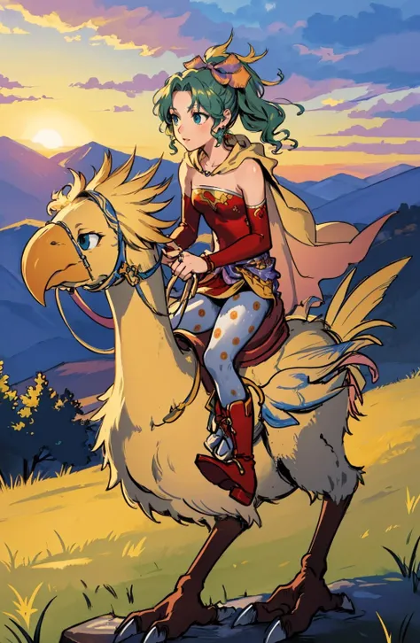 masterpiece, best quality, <lora:chocobo-nvwls-v1-000010:1> riding chocobo, chocobo <lora:tina-nvwls-v1-final:0.9> tina branford, green hair, cape, earrings, red dress, detached sleeves, hair ribbon, clothes around waist, print legwear, red boots, dusk, sunset, field, mountains