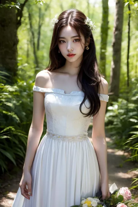 (realistic), (hyperrealism),best quality, masterpiece,ultra high res, (photorealistic:1.4),1girl,pale skin,skinny,(looking at viewer:2), <lora:add_detail:0.6>,forest, flowers, sunlight,
<lora:makina69_itzy_v1.0:1> , (tattered) wedding dress , bare shoulders, long hair, cowboy shoot,