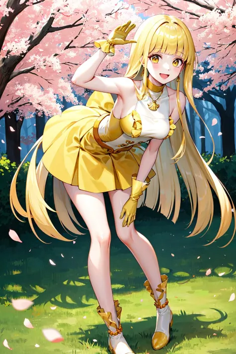 masterpiece, best quality, highres, aacoco, long hair, blonde hair, blunt bangs, choker, frills, yellow dress, sleeveless, yellow gloves, yellow skirt, <lora:coco_v1:0.7>, cherry blossoms, outdoor, bent over, smile, leaning forward, standing, open mouth, hand on knees,