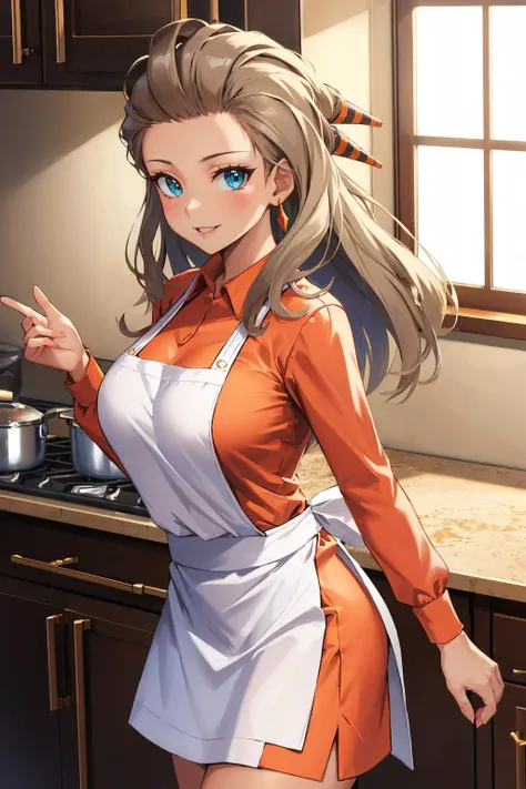 masterpiece, best quality, <lora:sada-nvwls-v1-000009:0.9> pkmnSada, hair ornaments, large breasts, orange blouse, apron, white skirt, kitchen, cowboy shot, looking at viewer, smile, tan