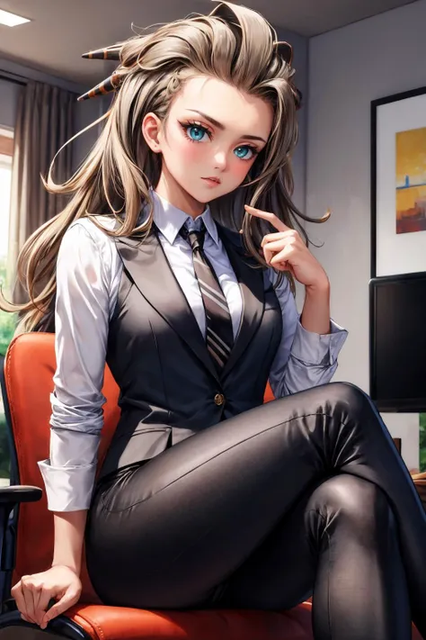 masterpiece, best quality, <lora:sada-nvwls-v1-000009:0.9> pkmnSada, hair ornaments, tan, looking at viewer, black tuxedo, tie, black pants, sitting, looking at viewer