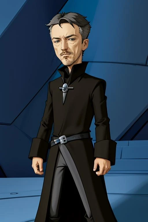 <lora:Invader Zim Style:1>( invader_zim_style:1.2), <lora:littlefinger:0.75> littlefinger, tunic, black, standing, goatee, silver, serious