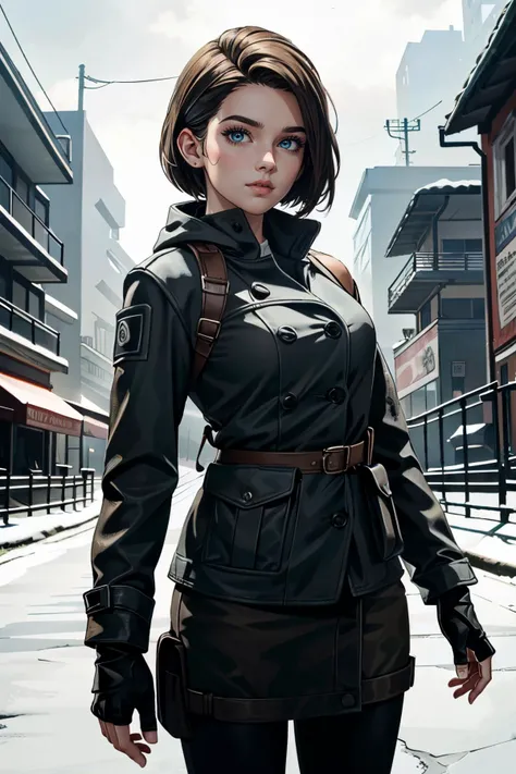 (at night), in a video game scene in the background, a beautiful city at night, raining, alone, standing looking straight ahead, military clothing with military green skirt and pants, black gloves, semi-short hair, ((semi-short hair)), 1 girl, 30 years old, young woman, perfect hands, Beautiful fingers, Beautiful long legs, Beautiful body, Beautiful nose, Beautiful character design, perfect face, looking straight at the viewer with a serious gesture, very upset looking at the viewer, she has a black whip in her hand (focusing on her face), closed mouth, smile_light, official art, extremely detailed CG unity 8k wallpaper, perfect lighting, bright and colorful front lighting, skin glossy (masterpiece: 1.0), (best_quality: 1.0), ultra high resolution, 4k, ultra detailed photography, 8K, hdr, high resolution, nonsense:1.2, Kodak portrait 400, film grain, blurred background, bokeh:1.2 , Lens flare, (vibrant_color:1.2), professional photography, (Beautiful, breasts: 1.4), (Beautiful_face: 1.5), (narrow waist),