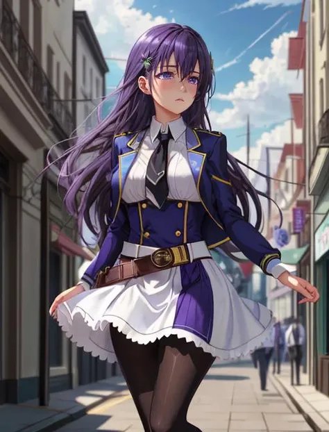 best quality, masterpiece, highres, detailed, digital ilustration, <lora:Detail - add_detail:0.2>, ElfinePhillet, purple hair, hair ornament, purple eyes, student uniform, open jacket, black tie, white belt, hair clover, <lora:Character - ElfinePhillet:0.8> lonely, fantasy city, black pantyhose, blue uniform, action, magic,