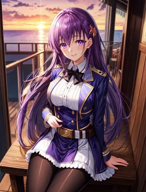 best quality, masterpiece, highres, detailed, digital ilustration, <lora:Detail - add_detail:0.2>, ElfinePhillet, purple hair, hair ornament, purple eyes, student uniform, open jacket, black tie, white belt, hair clover, red lips, <lora:Character - ElfinePhillet:0.8> amused, sunset, black pantyhose, blue uniform,