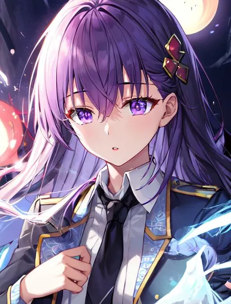 best quality, masterpiece, highres, detailed, digital ilustration, <lora:Detail - add_detail:0.2>, ElfinePhillet, purple hair, hair ornament, purple eyes, student uniform, open jacket, black tie, white belt, hair clover, red lips, <lora:Character - ElfinePhillet:0.8> scared, farm, glowing magic orbs, blue uniform,