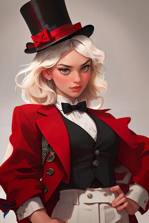 DEN_swordgirlfrend_OF,
(performing in a (circus:1.2) wearing a red and black (blazer:1.1) and white (shirt:1.1) and cream (trousers:1.1) and black bow tie and (top hat:1.1), ring leader, circus:1.2),
bokeh, f1.4, 40mm, photorealistic, raw, 8k, textured skin, skin pores, intricate details <lora:epi_noiseoffset2:1>, epiCRealism <lora:ClothingAdjuster3:-1>
