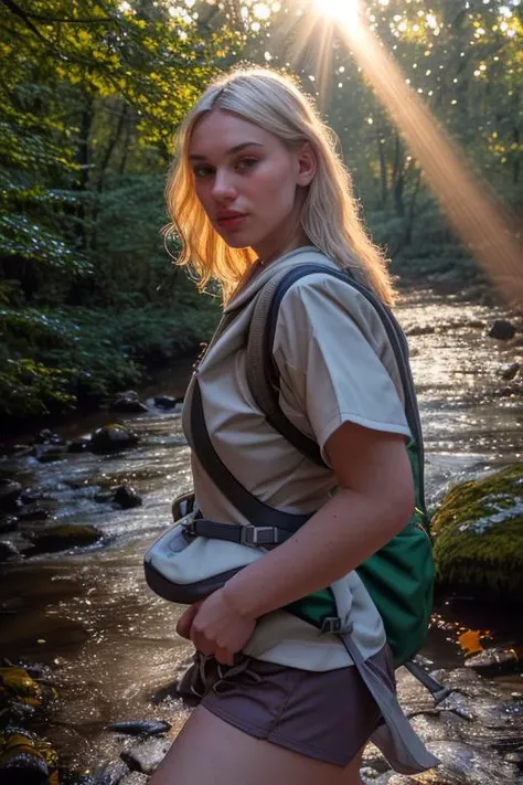 DEN_swordgirlfrend_OF,
(walking by a river in a rich atmospheric (woodland forest:1.2) wearing (hiking gear:1.3), (god rays:1.3), (atmospheric:1.1), scenic:1.2),
bokeh, f1.4, 40mm, photorealistic, raw, 8k, textured skin, skin pores, intricate details <lora:epi_noiseoffset2:1>, epiCRealism <lora:ClothingAdjuster3:-1>