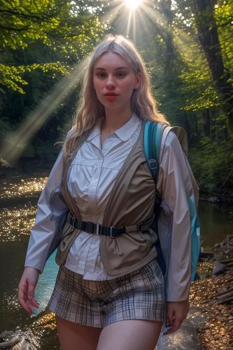 An extremely beautiful, cute, athletic blonde white woman with medium sized breasts who looks like Emma Watson is walking alone in a very dark forest. She is wearing a revealing, tiny see through translucent dress. and her breasts and vagina are clearly visible. She is otherwise naked. She is not wearing a bra or panties. She is carrying a large backpack. She is wearing a gun in a holster belt across her waist. Closeup