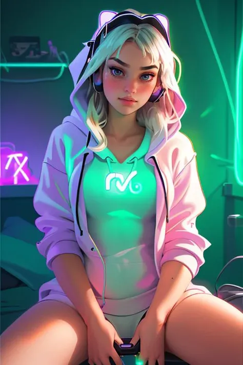 DEN_honey_bee,
sitting at a computer wearing headphones and playing games (holding a controller:1.2) wearing a hoodie in a (neon lit room:1.3), (gamer:1.2), gaming, gamer girl, games, (purple lighting, neon:1.2),
bokeh, f1.4, 40mm, photorealistic, raw, 8k, textured skin, skin pores, intricate details <lora:epi_noiseoffset2:1>, epiCRealism <lora:ClothingAdjuster3:-1.3>
