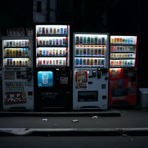 raw photo, film photo, film grain, cinematic lighting, perspective, 
night, alley, colorful can and plastic bottle in glowing vending machine,colorful sticker, close-up, no humans, scenery,[trash can:0.1], blurry background, black background , utility pole, road
<lora:Vending_machine_at_night:0.8>