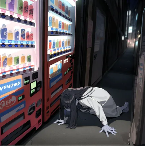 masterpiece, best quality, very aesthetic, absurdres, (wide angle:1.3)
girl,(crawling out in vending machine:1.8), (yamamura sadako:1.3), black hair, black eyes, (long hair, straight hair, long bang:1.4), (hair over one eye:1.1), gray skin, white spooky dress, simple dress, long sleeves, skinny, (expressionless:1.3), barefoot, 
night, alley, colorful can and plastic bottle in glowing vending machine, colorful sticker, close-up, no humans, scenery, [trash can:0.1], blurry background, black background, utility pole, road
<lora:Vending_machine_at_night:0.8>, <lora:hotarueye_xl_hosome1_v050:1>