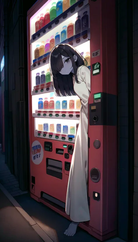 masterpiece, best quality, very aesthetic, absurdres, (wide angle:1.3)
(girl peeking out from behind a vending machine:1.8), (yamamura sadako:1.3), black hair, black eyes, (long hair, straight hair, long bang:1.4), (hair over one eye:1.1), gray skin, white spooky dress,simple dress, long sleeves, skinny, (expressionless:1.3), barefoot, 
night, alley, colorful can and plastic bottle in glowing vending machine, colorful sticker, close-up, no humans, scenery, [trash can:0.1], blurry background, black background, utility pole, road
<lora:Vending_machine_at_night:0.8>, <lora:hotarueye_xl_hosome1_v050:1>